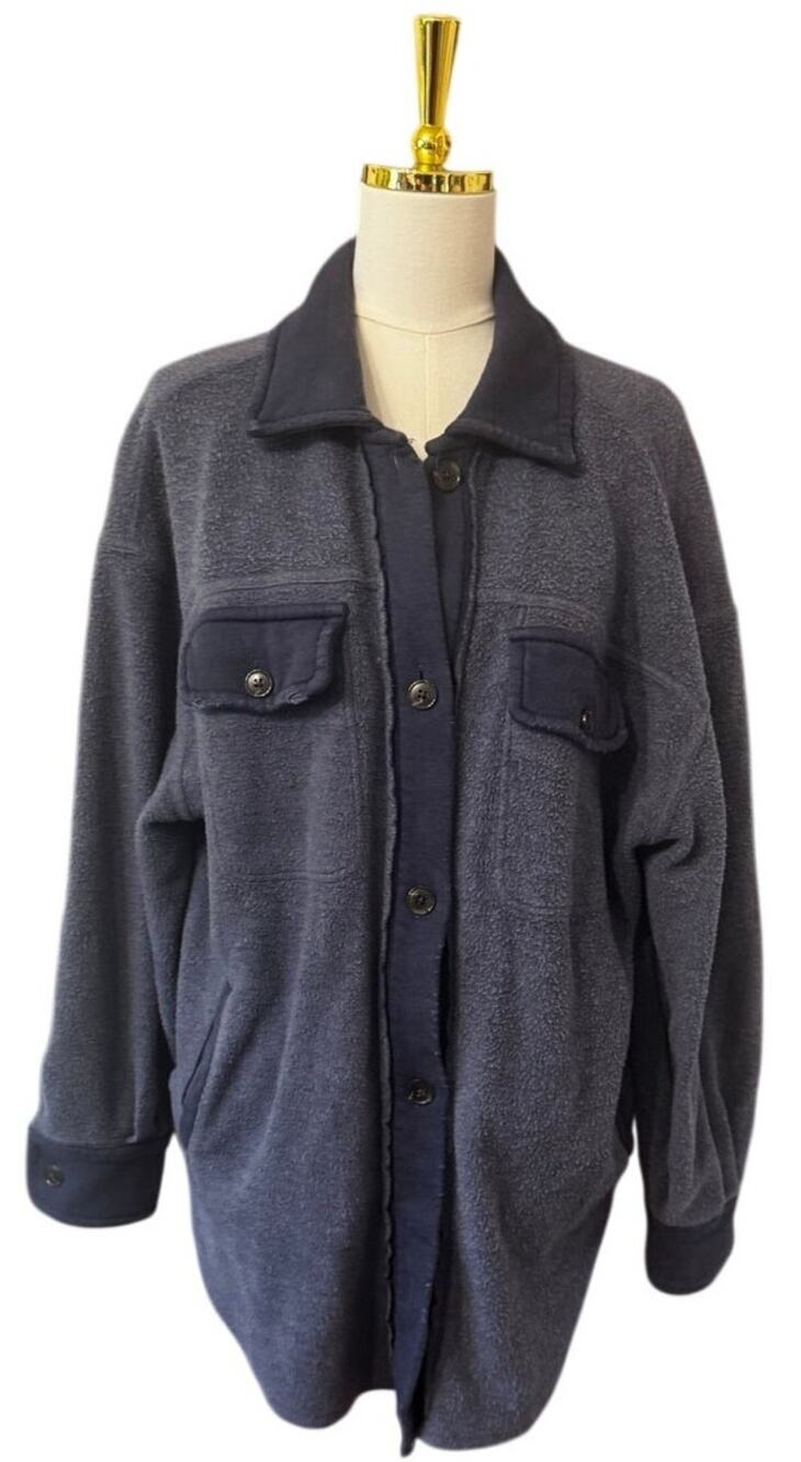 Free People Ruby Fleece Shirt Jacket Oceana Blue Oversized Shacket XS